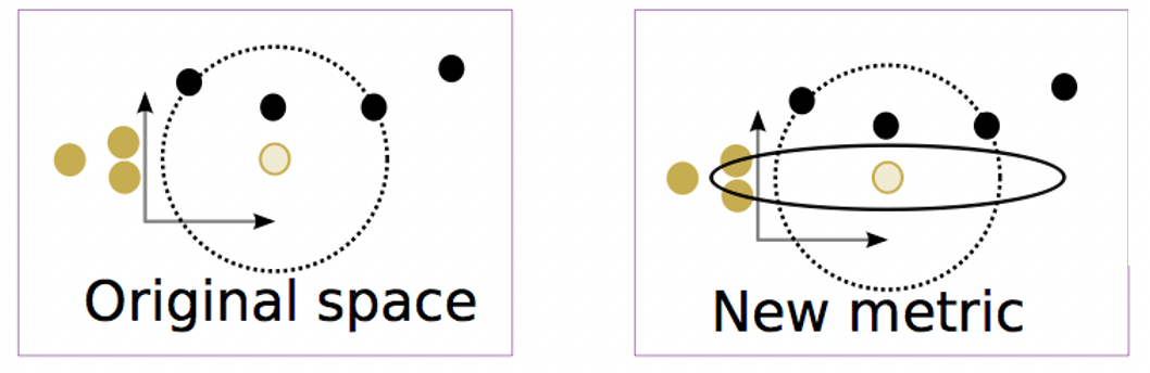 Example of metric learning. In the original metric space, the white gold circle is closer to three black circles (two of which are equidistant from it). In a new metric space, changes in the vertical axes contribute more to the distance. Now, two gold circles are closer than the black circles.